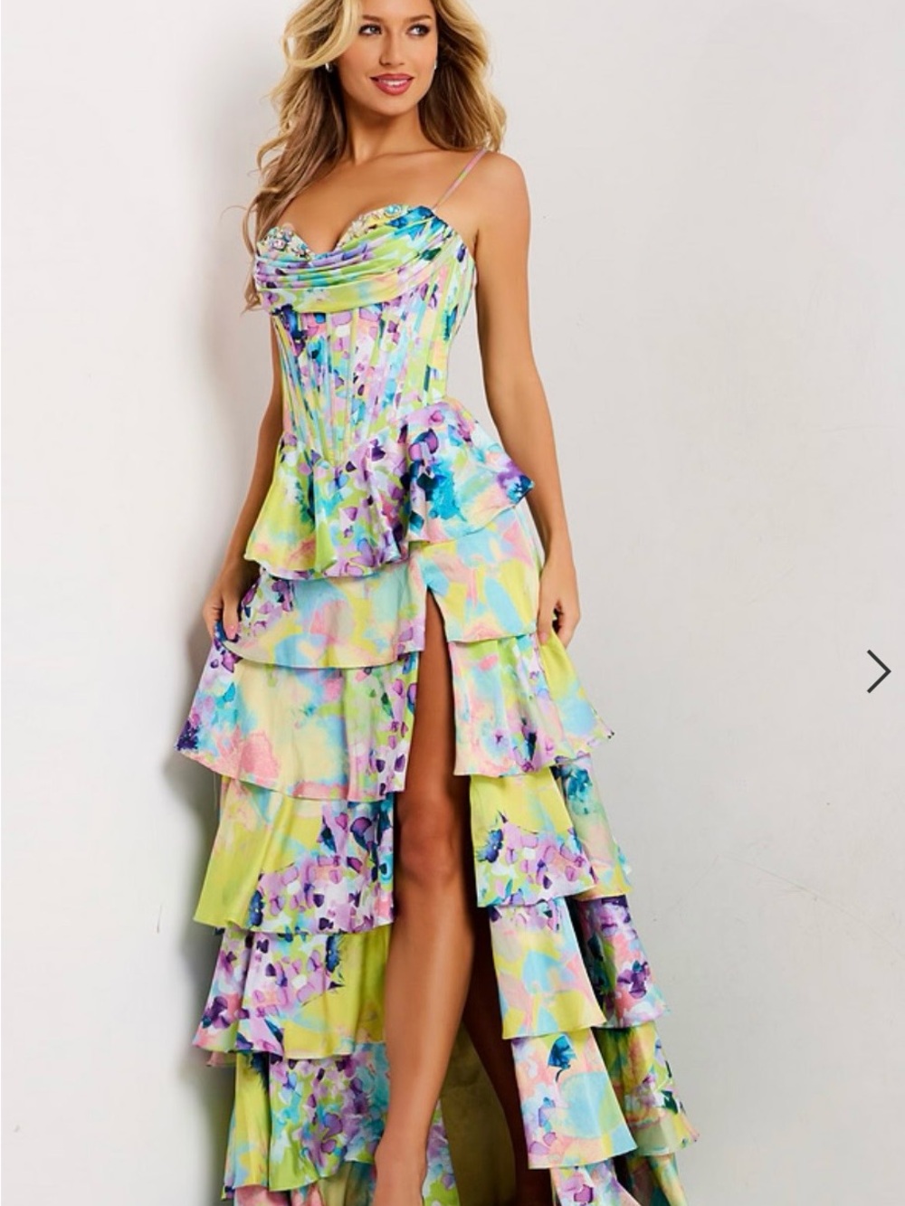 Jovani Pastel Multicolor Floral Ruffled Maxi Dress